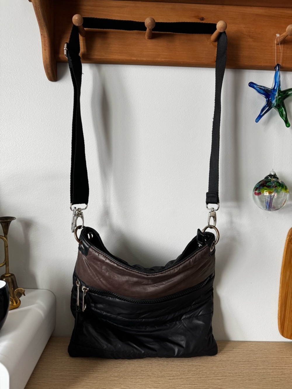 Sondra Roberts Black and Brown Nylon Crossbody